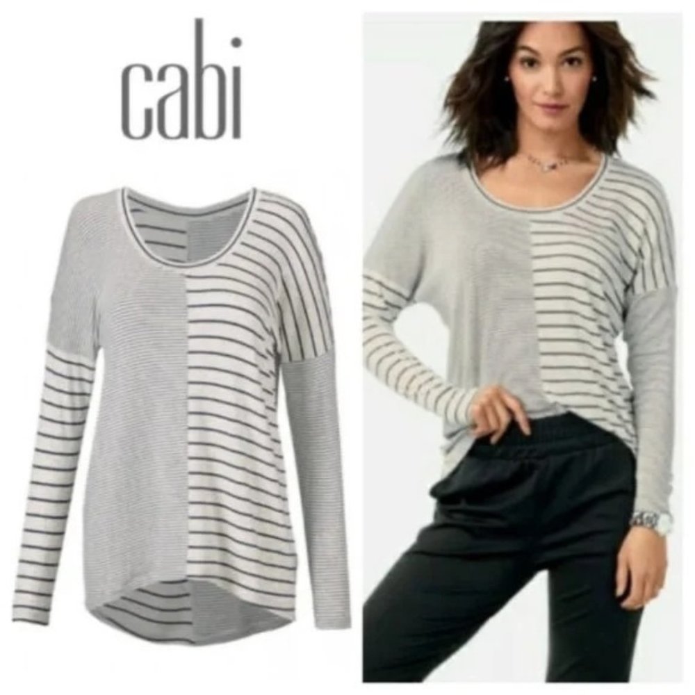 Cabi Pivot Tee‎ S 3806 Top Fall Layers Gray Striped Oversized Fit